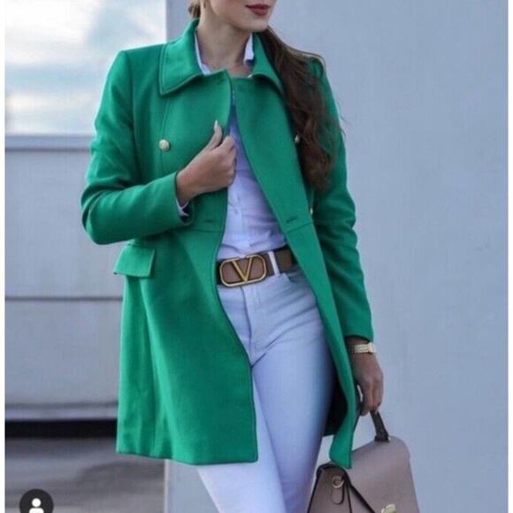 Zara Buttoned Tailored Coat XS Kelly Green Double Breasted Blogger Favorite - Picture 16 of 16